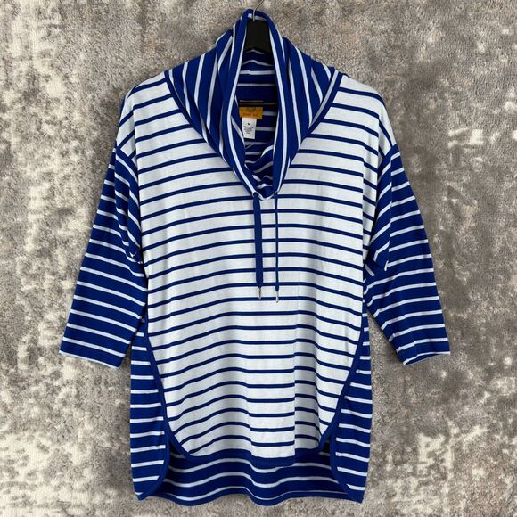 Ruby Rd Womens Size M Striped 3/4 Sleeve Hoodie Blue White Drawstring Sweater - Picture 1 of 7